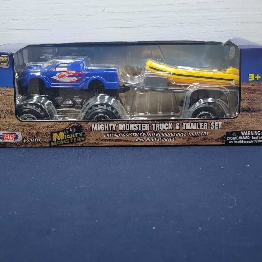 MotorMax Mighty Monsters Blue Monster Truck Trailer Set Yellow Boat 9.5"